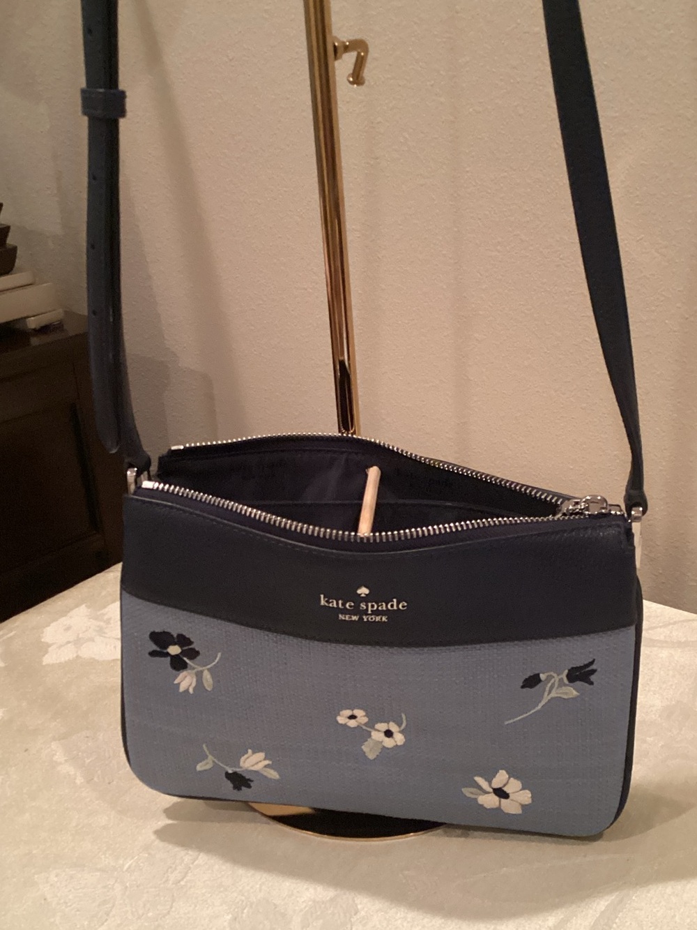 Kate Spade Leila Floral Embroidered Navy and Light Blue Floral Crossbody Bag